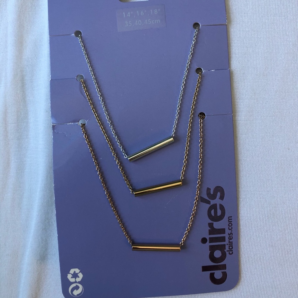 Gold, silver, bronze bar necklaces